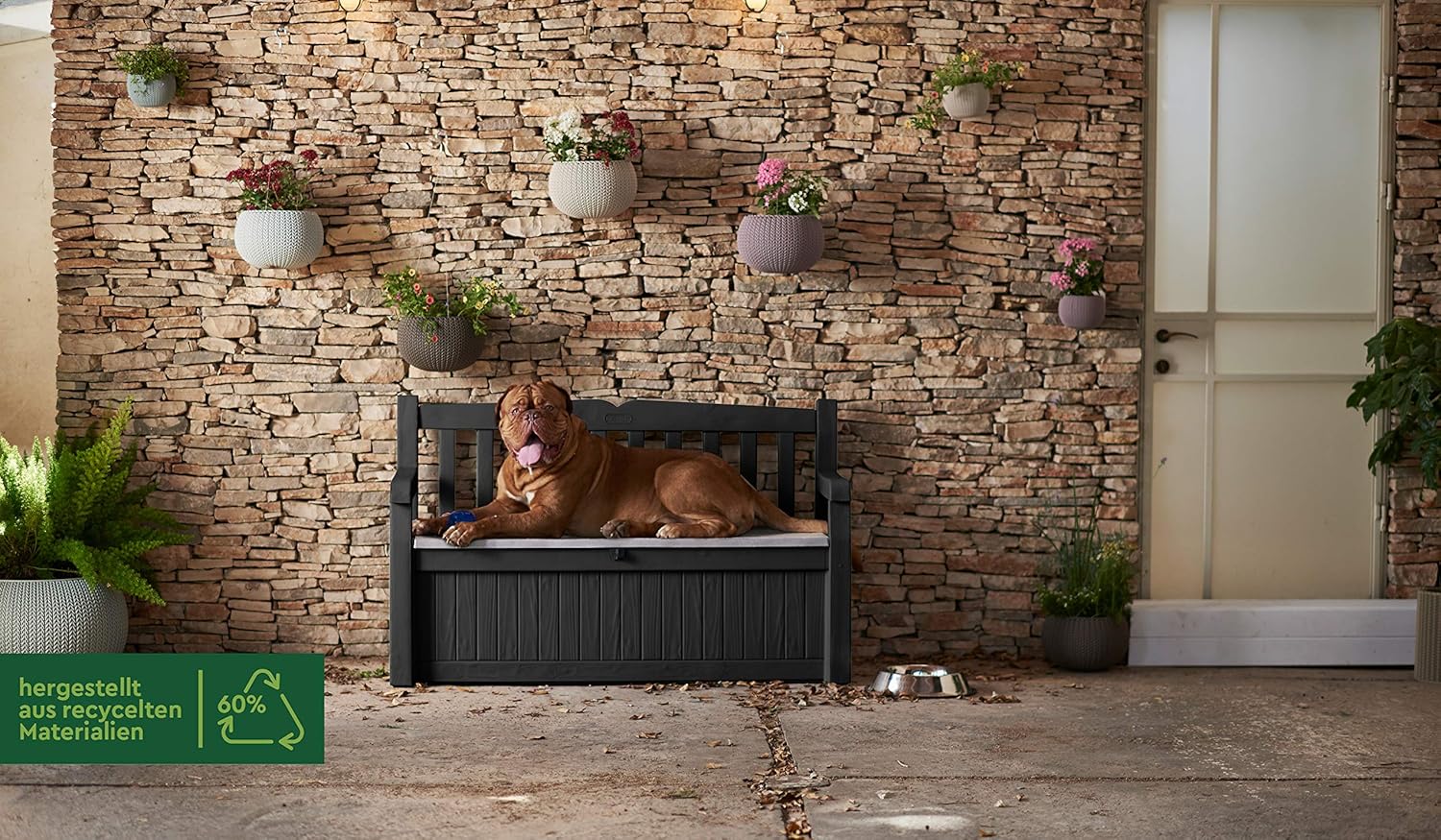 Keter Eden Bench 265L Outdoor 60% recycled Garden Furniture Storage Box Graphite & Light Grey