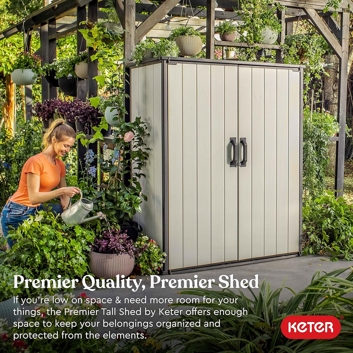 Keter Premier Shed Outdoor Resin Storage Shed with Shelf Brackets for Patio Furniture, Pool